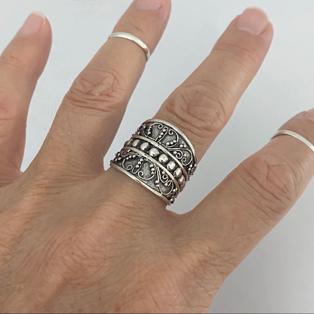 Sterling Silver Statement Bali Design Ring, Bead … - image 1